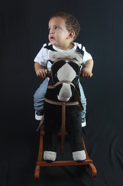 A chubby boy on a hobbyhorse